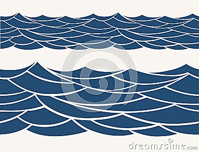 Marine seamless pattern with stylized blue waves on a light background Vector Illustration