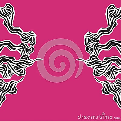 Marine seamless pattern with stylized waves on a pink background. Water Wave abstract design. Black seaweed stylized. Vector Illustration