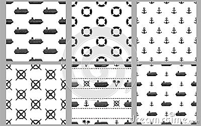 Marine seamless patterns. Black ships, palms, anchors, binoculars and wheels Vector Illustration