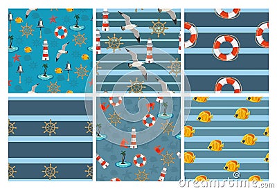 Marine seamless patterns for wallpapers, scrapbook and other design. A collection of 6 vector patterns Stock Photo