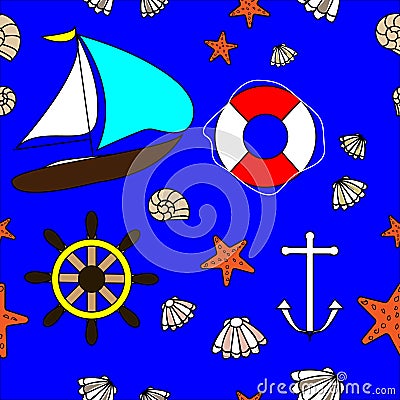 Marine seamless with sailing yacht and underwater decorative elements Vector Illustration