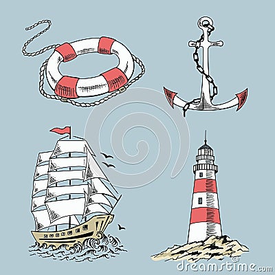 Marine set. Ship, sailboat sketch set. Vector Illustration