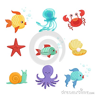 Marine set with underwater plants and sea fishes in cartoon style. Vector illustrations set Vector Illustration