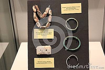 Marine shell chain and copper bracelet of hopewell culture displayed at Fort Ancient Museum Editorial Stock Photo