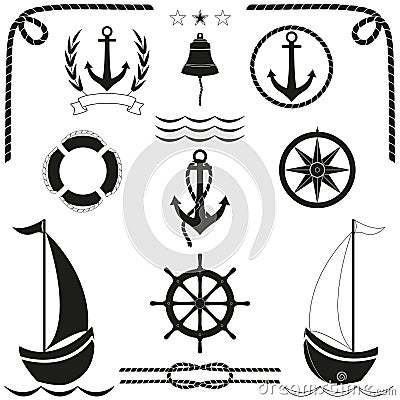 Marine silhouette icons set. Black sign of nautical. Vector. Vector Illustration