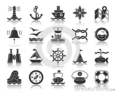 Marine black silhouette icons vector set Vector Illustration