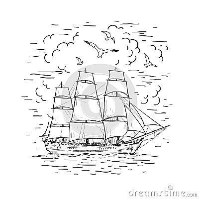 Marine sketch hand drawn vector sailboat, clouds, seagulls. Vintage frigate on the sea. Black line isolated on white Vector Illustration