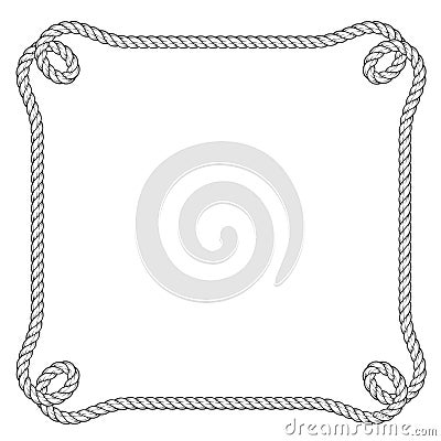 Marine style square rope frame with loops in corners, nautical towline border Vector Illustration