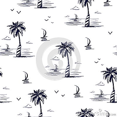 Marine summer seamless vector pattern. Beautiful palm tree, yacht and surfboard, tourists Paradise Vector Illustration