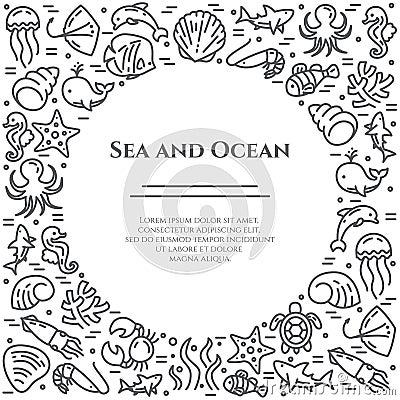 Marine theme black and white banner. Pictograms of fish, shell, crab, shark, dolphin, turtle and other sea creatures Vector Illustration