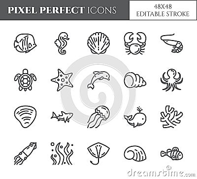 Marine theme pixel perfect thin line icons. Set of elements of fish, shell, crab, shark, dolphin, turtle and other sea creatures r Vector Illustration
