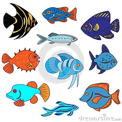 Set marine tropical fish seamless pattern, aquarium fish, ocean depth, diving vacation, beach vacation Vector Illustration