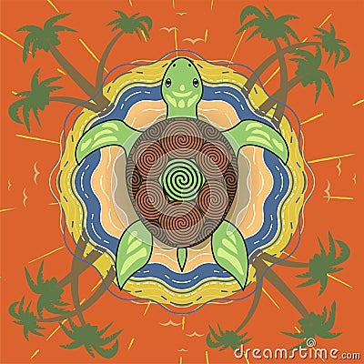 Marine tropical island turtle on the beach background from above view Vector Illustration