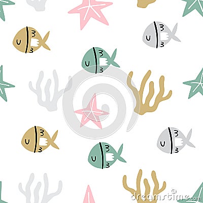 Marine vector seamless pattern with cute fish, starfish and corals. Doodle style, hand drawn. Item for your design. Vector Illustration