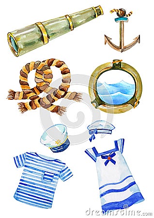 Marine watercolor objects, cable, cabin window, anchor and telescope Stock Photo