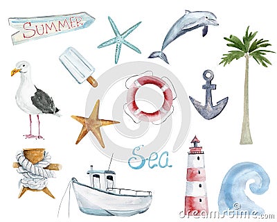 Marine watercolor set of elements Cartoon Illustration