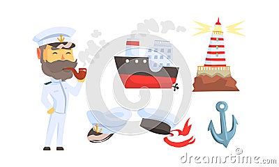 Mariner Attributes with Seaman Character Standing and Smoking Pipe Vector Set Vector Illustration