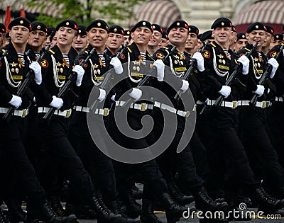 Marines of the Kirkenes brigade of marine infantry of the coastal forces of the Northern Fleet during the rehearsal of the parade. Editorial Stock Photo