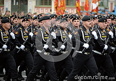 Marines of the Kirkenes Red Banner Marine Corps 61 Brigade of the coastal forces of the Northern Fleet during the parade on Red Sq Editorial Stock Photo