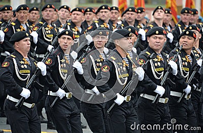 Marines of the Kirkenes Red Banner Marine Corps 61 Brigade of the coastal forces of the Northern Fleet during the parade on Red Sq Editorial Stock Photo