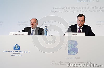 Mario Draghi and Miguel FernÃ¡ndez OrdÃ³Ã±ez Editorial Stock Photo