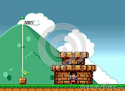 Mario at the end of level, art of 16-bit Super Mario Bros classic video game, pixel design vector illustration. Super Mario Bros Vector Illustration