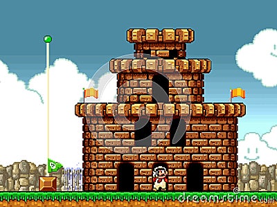 Mario at the end of level, art of 16-bit Super Mario Bros classic video game, pixel design vector illustration. Super Mario Bros Vector Illustration