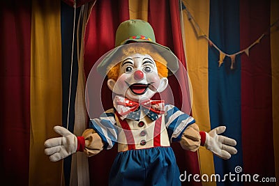 a marionette puppet resembling a clown against a circus backdrop Stock Photo