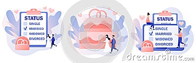 Marital status of couple. Checkbox list with single, married, widowed and divorced options for tiny people. Legal status Vector Illustration