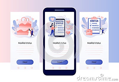 Marital status of couple. Checkbox list with single, married, widowed and divorced options for tiny people. Legal status Vector Illustration