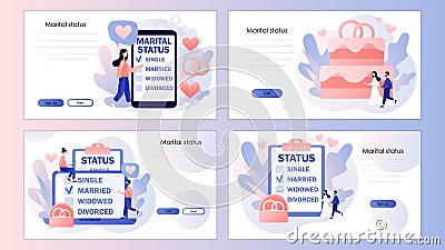 Marital status of couple. Checkbox list with single, married, widowed, divorced options for tiny people. Screen template Vector Illustration