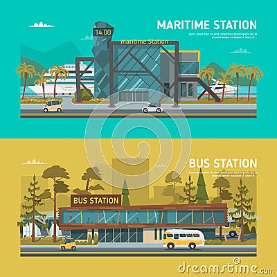 Maritime and bus stations Vector Illustration