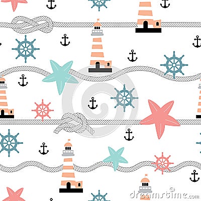 Maritime seamless repeat pattern with starfish, rope, lighthouse and anchor.Perfect for wrapping, textile and design projects. Vector Illustration
