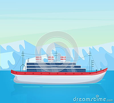 Maritime ships at sea, brigantine ship near tropical palm and mountain. Water transportation tourism transport cartoon vector Vector Illustration