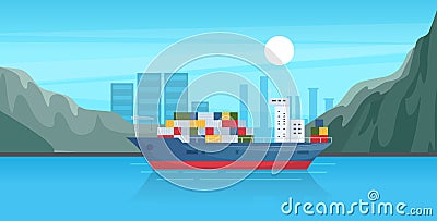 Maritime ships at sea. Industrial sea cargo logistics container, container ship with load. Seagoing freight transport, global Vector Illustration