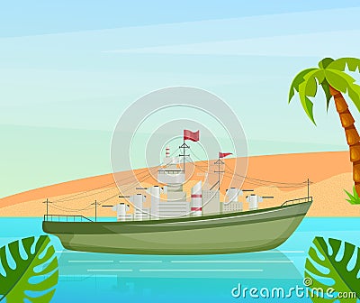 Maritime ships at sea, sailing yacht near tropical beach with palm. Water transportation tourism transport cartoon vector Vector Illustration