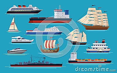 Maritime ships at sea, shipping boats, ocean transport. Vector Illustration