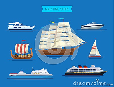 Maritime ships at sea, shipping boats, ocean transport. Vector Illustration