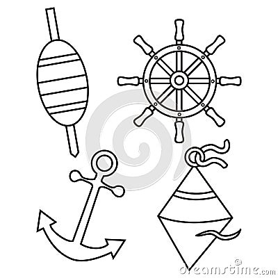 Four maritime symbols, coloring page, eps. Vector Illustration