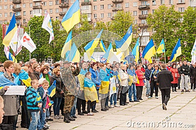 Mariupol, Ukraine - May, 03 2015. the public meeting for the demilitarization of Shirokino. Editorial Stock Photo