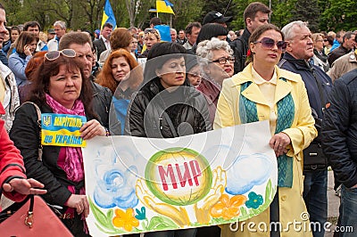 Mariupol, Ukraine - May, 03 2015. the public meeting for the demilitarization of Shirokino. Editorial Stock Photo