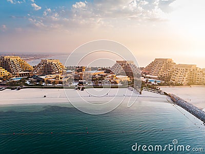 Marjan Island beach and waterfront in Ras al Khaimah emirate in the UAE aerial view Stock Photo