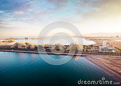 Marjan Island in Ras al Khaimah emirate in the UAE aerial view Stock Photo