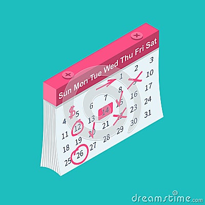 Mark calendar isometric icon. 3D people. Vector Illustration