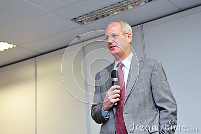 Mark Jenks, Vice President of Boeing 787 development program speaking at press conference at Singapore Airshow 2012 Editorial Stock Photo