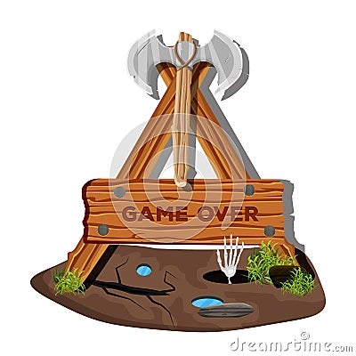 Mark's colorful menu interface on a wooden sign in the grass for mobile games and applications. The game is over. Vector Cartoon Illustration