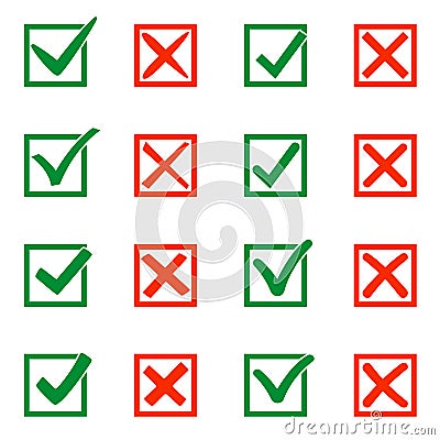 Mark X and V in check box. Green hooks, red crosses. Yes No icons for websites or applications, highlight selection Vector Illustration
