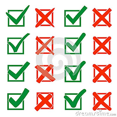 Mark X and V over check box. Green hooks, red crosses. Yes No icons for websites or applications. Right Wrong signs Vector Illustration