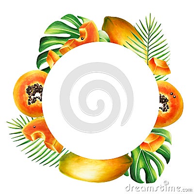 Marker frame, logo and templates with sweet ripe slice of papaya with grains, tropical leafs, monstera in watercolor Cartoon Illustration