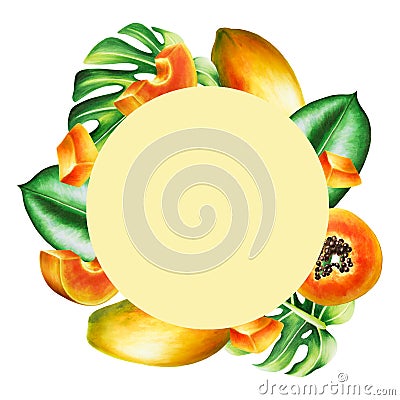 Marker frame, logo and templates with sweet ripe slice of papaya with grains, tropical leafs, monstera in watercolor Cartoon Illustration